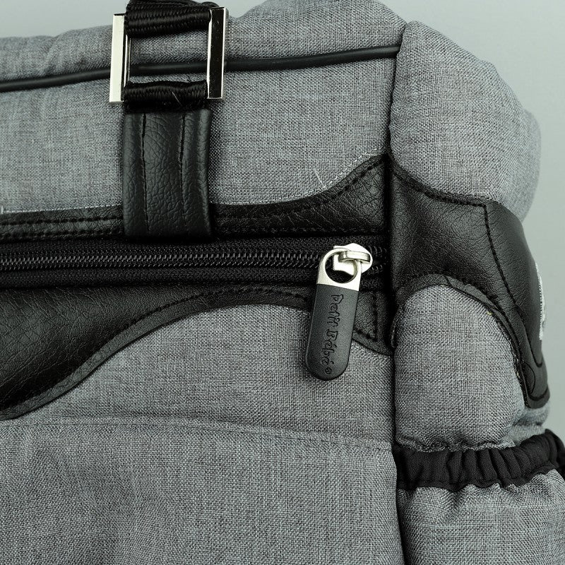 Premium Diaper Bag - Gray Linen & Black Leather