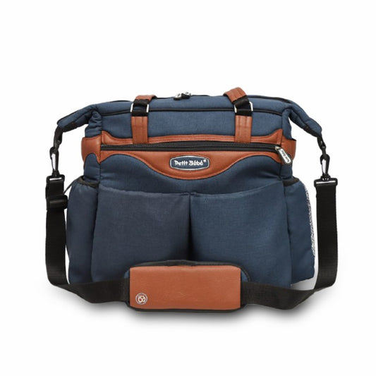 Premium Diaper Bag - Navy-Blue Linen & Havan Leather