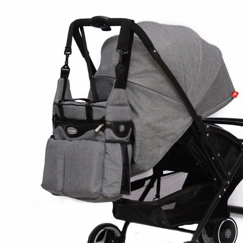 Premium Diaper Bag - Gray Linen & Black Leather