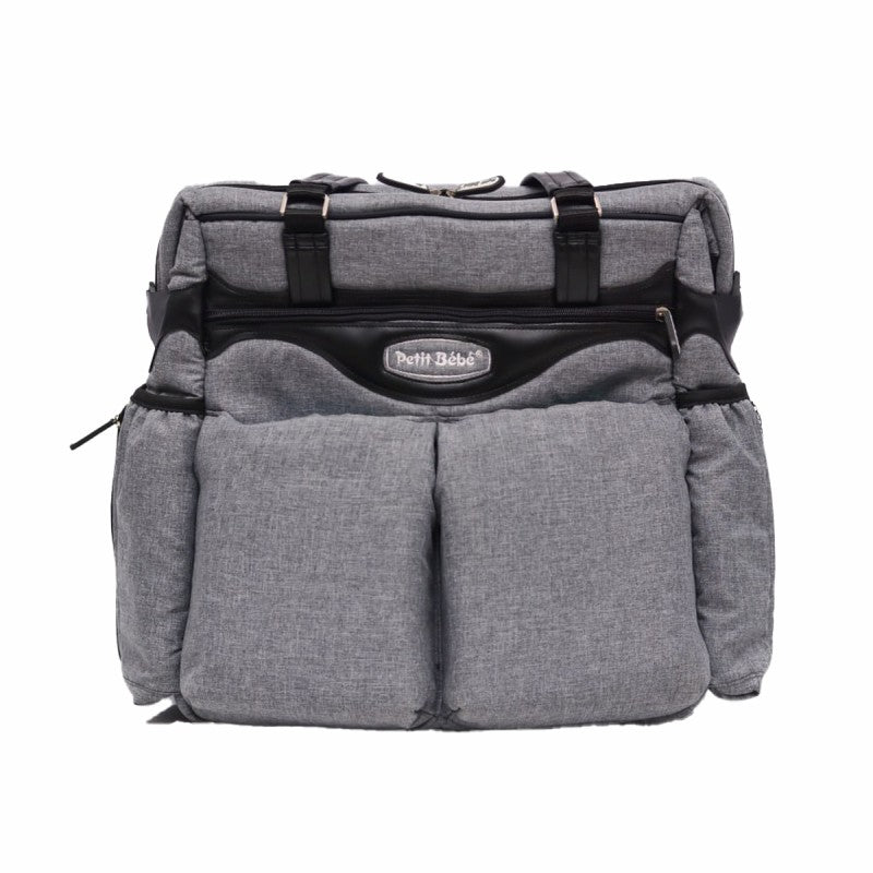 Premium Diaper Bag - Gray Linen & Black Leather