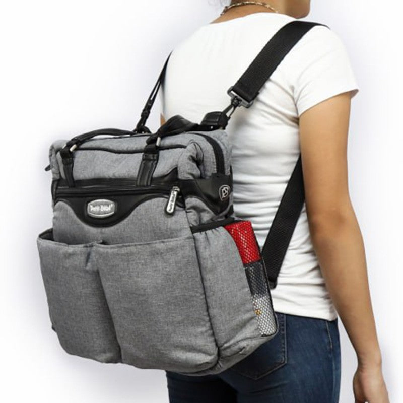 Premium Diaper Bag - Gray Linen & Black Leather