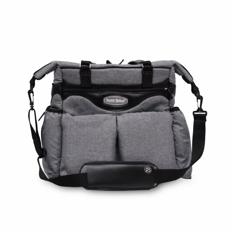 Premium Diaper Bag - Gray Linen & Black Leather