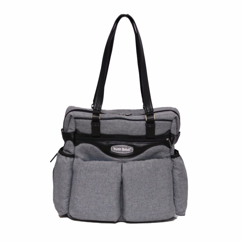 Premium Diaper Bag - Gray Linen & Black Leather